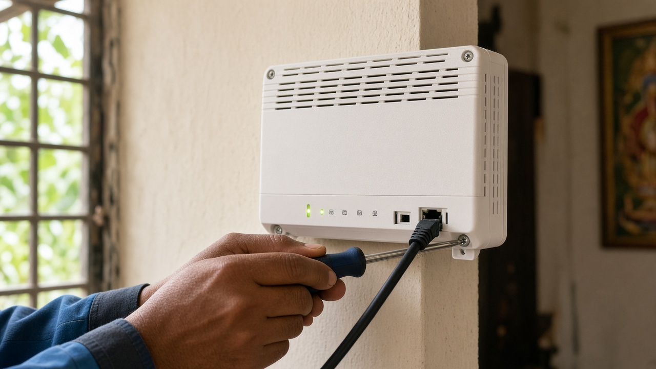 Fibre ONT fitted on a house wall with an ethernet cable