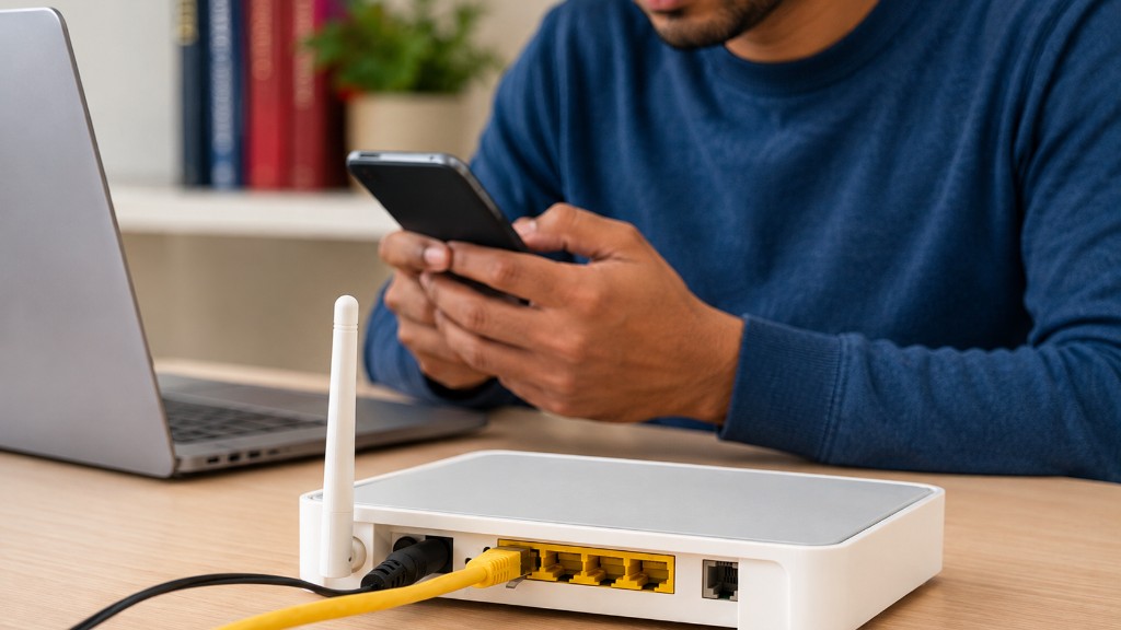 Home Wi-Fi router on a desk, with a phone and laptop